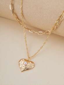 2件套时尚项链，优雅女士爱心吊坠仿珍珠串珠多层项链，派对宴会珠宝配饰 - 項鍊 - 查看 2