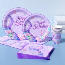 1 Set Purple Mermaid Tail Happy Birthday Disposable Plates, Napkins, Cups, Serves 8 Guests, Suitable For Birthday, Wedding, Party, Family Picnic - Multicolor - View 3