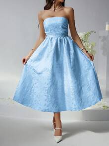 Look Polly 女士夏季连衣裙，纯色提花长款连衣裙，无肩带设计，适合婚礼、春夏穿着、返校季、派对、露肩舞会、优雅印花长款连衣裙、情人节、嘉年华蓝色连衣裙 - 藍色 - 查看 6