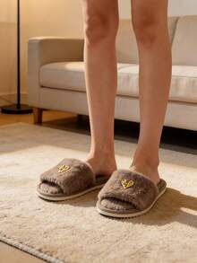 Premium Fashion Heart Decor Plush Slippers For Women, Soft & Comfortable Soft-Sole Lightweight, Suitable For Living Room & Bedroom, All Season - Coffee Brown - View 4