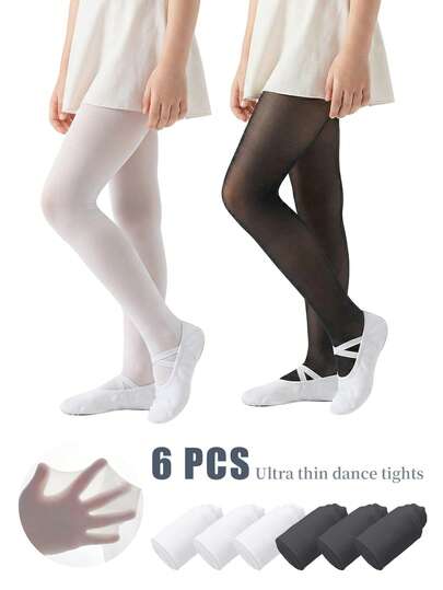 6 件装女童弹力黑白舞蹈袜婴儿幼儿打底裤 - 轻薄透气，适合夏季舞蹈课、表演和日常穿着