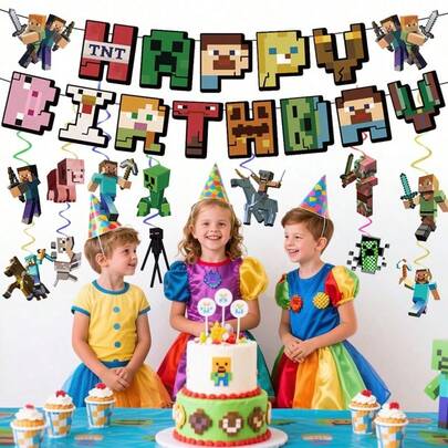 13pcs Minecraft Theme Birthday Party Decorations, Hanging Pennants, Home Party Supplies, Suitable For Halloween, Christmas