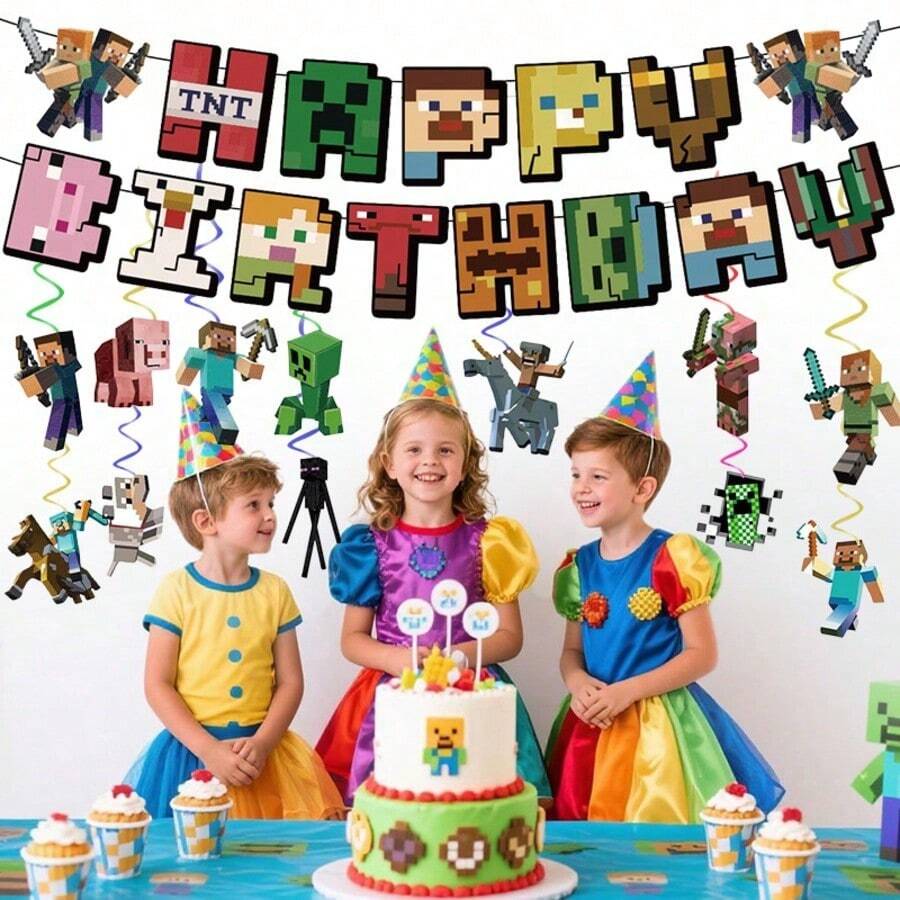 13件套我的世界主题生日派对装饰品,包括悬挂式三角旗、家居派对用品,也适用于万圣节和圣诞节。 - 彩色 - 查看 1
