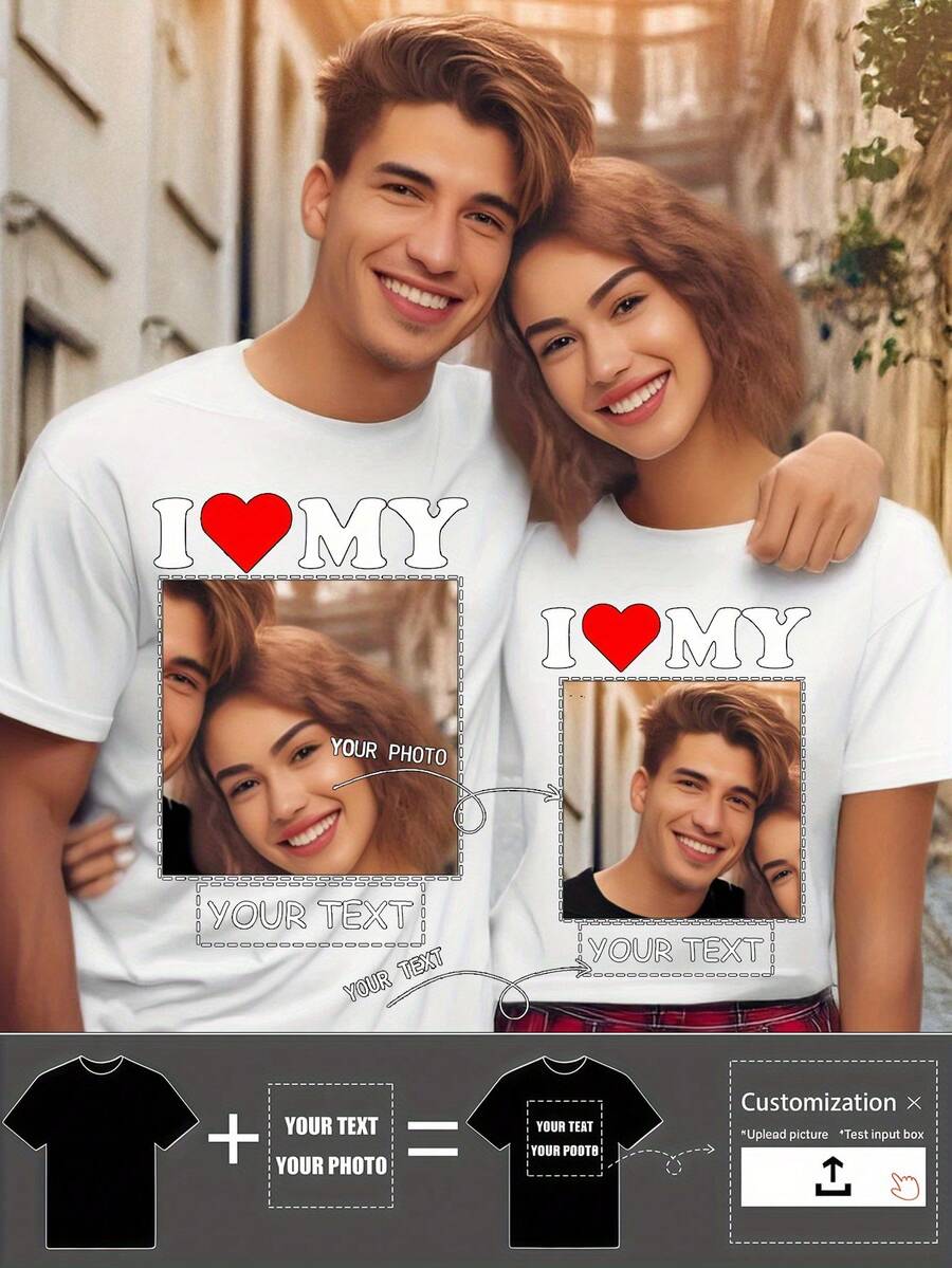 Custom Photo Personalized Couple T-Shirts - Unisex Customizable Matching Tees With Your Own Photo & Text, Upload Your Design For Parties, Team Events, Couple Outfits & Family Matching Shirts - Machine Washable Spring/Fall Apparel, Printed Tshirt, Comfortable Fit, Breathable Material, Couples Wear, Group Events - Men's - White - View 1