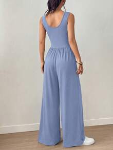 Women Casual Jumpsuits Summer Crew Neck Sleeveless Knit Wide Leg Pants Romper One Piece Beach Vacation Holiday Outfits - xám xanh - Xem 3