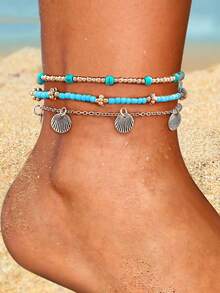 3pcs Stack Anklets Ankle Bracelets For Women Adjustable Waterproof Beach Jewelry Set Boho Gold Seashell Bead Surf Foot Chain Summer Gifts - Multicolor - View 5