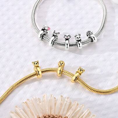 1pc Silver & Gold-Plated Animal Tiger Lion Cat Dog Rabbit Mouse Bead Charm Set For Animal Lover Gifts Daily Wear Zodiac Theme Accessories