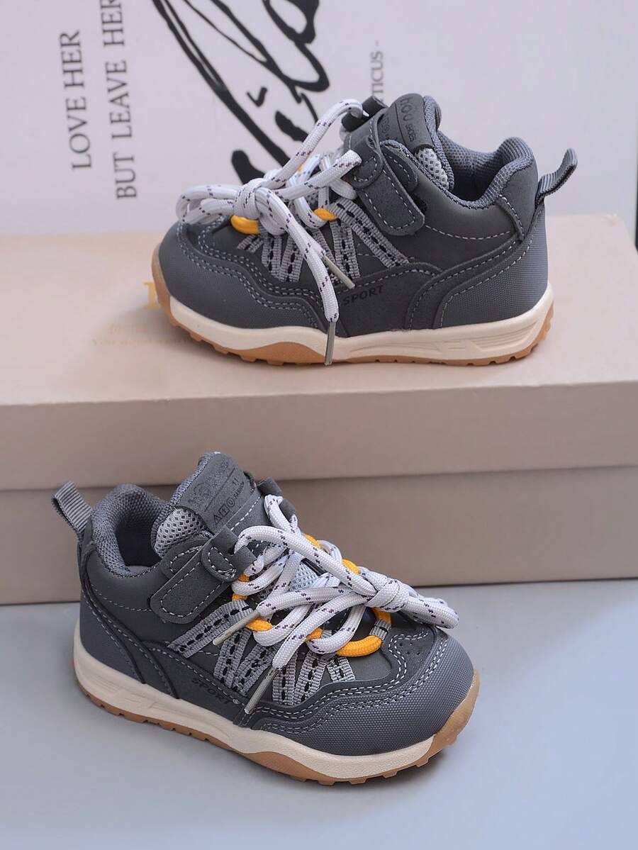 1 Pair Adorable Infant Fashion Running Shoes With Lace-Up Design, Suitable For Indoor And Outdoor Wear - Grey - View 1