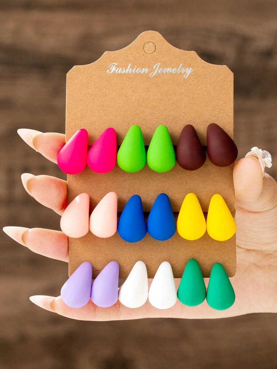 6-18pcs/Set Versatile Candy Color Water Drop Stud Earrings, Matte Finish Earring Set For Fashionable & Elegant Ladies & Girls - Multicolor - View 1