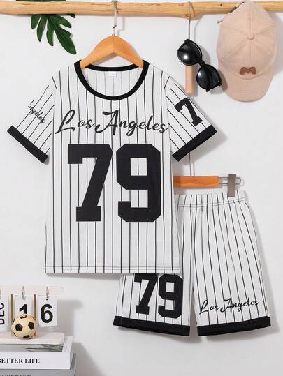 2pcs/Set Boys' Printed Los Angeles 79 Striped Short Sleeve T-Shirt And Shorts Sports Suit, Casual Holiday Outfit, 7-11 Years