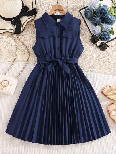 Left Mama Girls Casual Sleeveless Pleated Collar Dress, Suitable For Outings In Summer