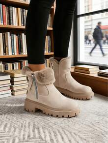 FZY 2026 Winter New Style Plush Thickened Women's Hiking Boots. Thick, Non-Slip Sole, Side Zipper Athletic Ankle Boots. Stylish And Practical Casual Boots. Soft Sole, Fashionable, Comfortable, And Versatile Women's Winter Boots. A Must-Have For Everyday Casual Wear And Valentine's Day Outfits,Charming Valentine's Day Gifts - 杏色 - 查看 1