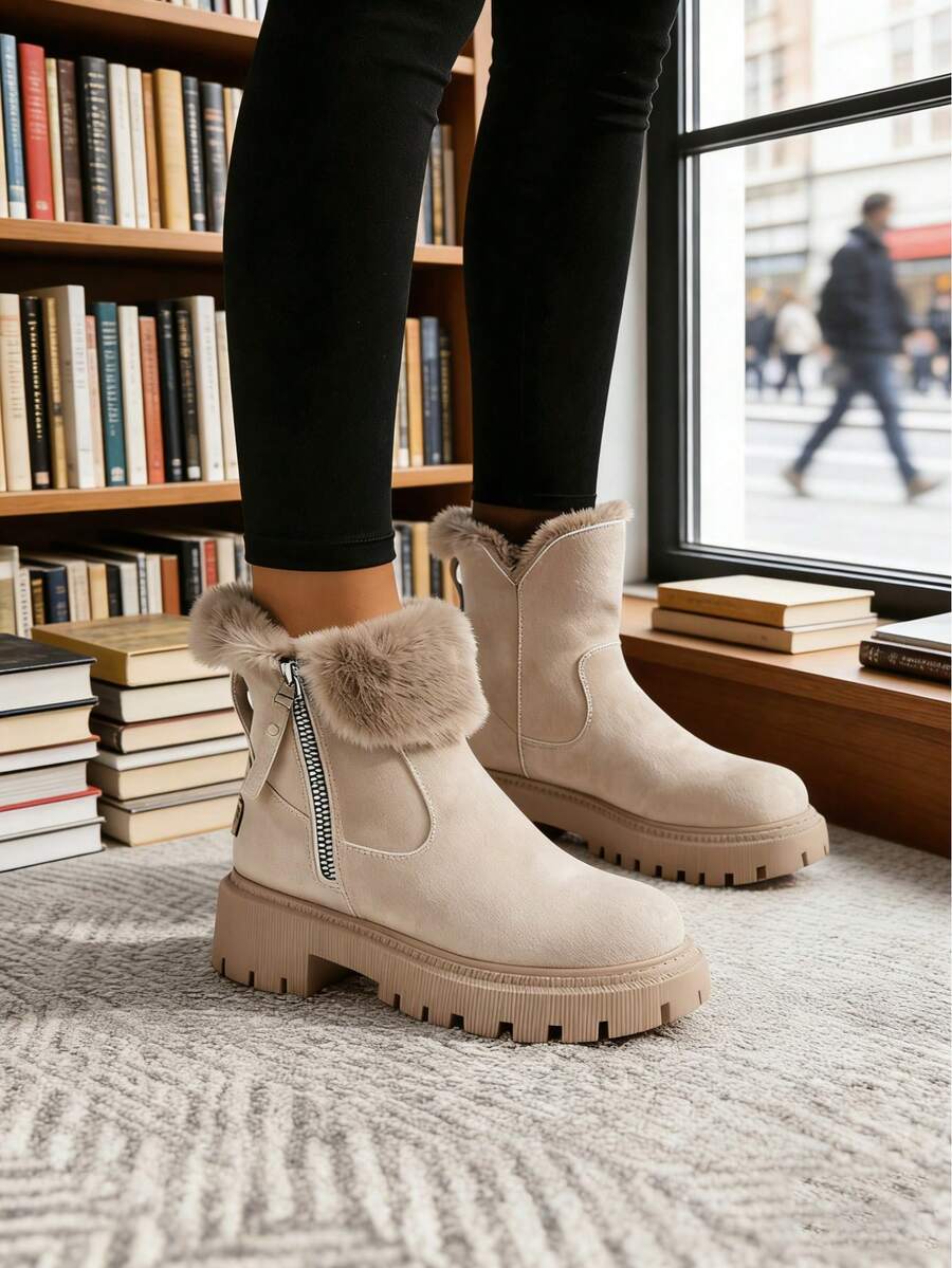 FZY 2026 Winter New Style Plush Thickened Women's Hiking Boots. Thick, Non-Slip Sole, Side Zipper Athletic Ankle Boots. Stylish And Practical Casual Boots. Soft Sole, Fashionable, Comfortable, And Versatile Women's Winter Boots. A Must-Have For Everyday Casual Wear And Valentine's Day Outfits,Charming Valentine's Day Gifts - 杏色 - 查看 1