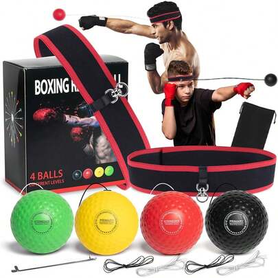 Reflex-Boxball Trainingsset mit 4 unterschiedlich gewichteten Bällen und 2 verstellbaren Stirnbändern – Ideal für Boxtraining, Reaktions- und Schnelligkeitsübungen, Hand-Auge-Koordination, Stressabbau und Fitness für Kinder & Erwachsene
