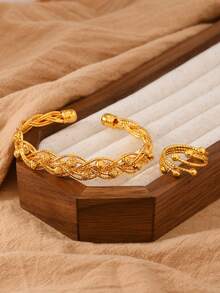 2件套中东沙特阿拉伯风格金色串珠手镯和戒指首饰套装，适合女性在斋月期间佩戴 - 金黃色 - 查看 3