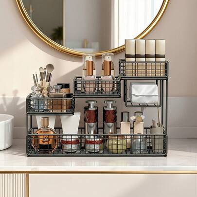 LOVEWE 4-Tier Black Metal Vanity Organizer - Countertop Storage Rack For Bathroom, Ideal For Skincare Perfume Makeup Display
