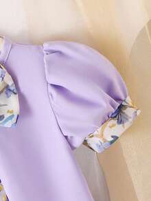女婴甜美碎花蝴蝶结印花连衣裙，经典中东风格，夏季 - 淡紫色 - 查看 4