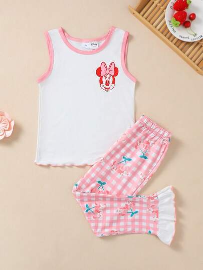 Disney Young Girls Authorized Cute Minnie Mouse Girls Set - Sleeveless Top And Long Pants, Lace Trim, Minnie Mouse Plaid Print, Summer Top + Pants, Playful & Fashionable, Breathable Fabric, Comfortable Material, 2-Piece Outfit, Children Shorts Set, Young Girl2-Piece Suit