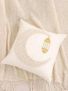 1件/2件装斋月装饰抱枕套，毛绒刺绣帆布新月星图案，开斋节礼物，家居装饰 - 金色 - 查看 7