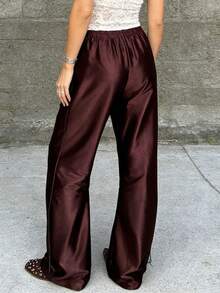 Women's Satin Silk Wide Leg Pants Low Waist Baggy Pants Lounge Bottoms Streetwear - Cà phê đen - Xem 5