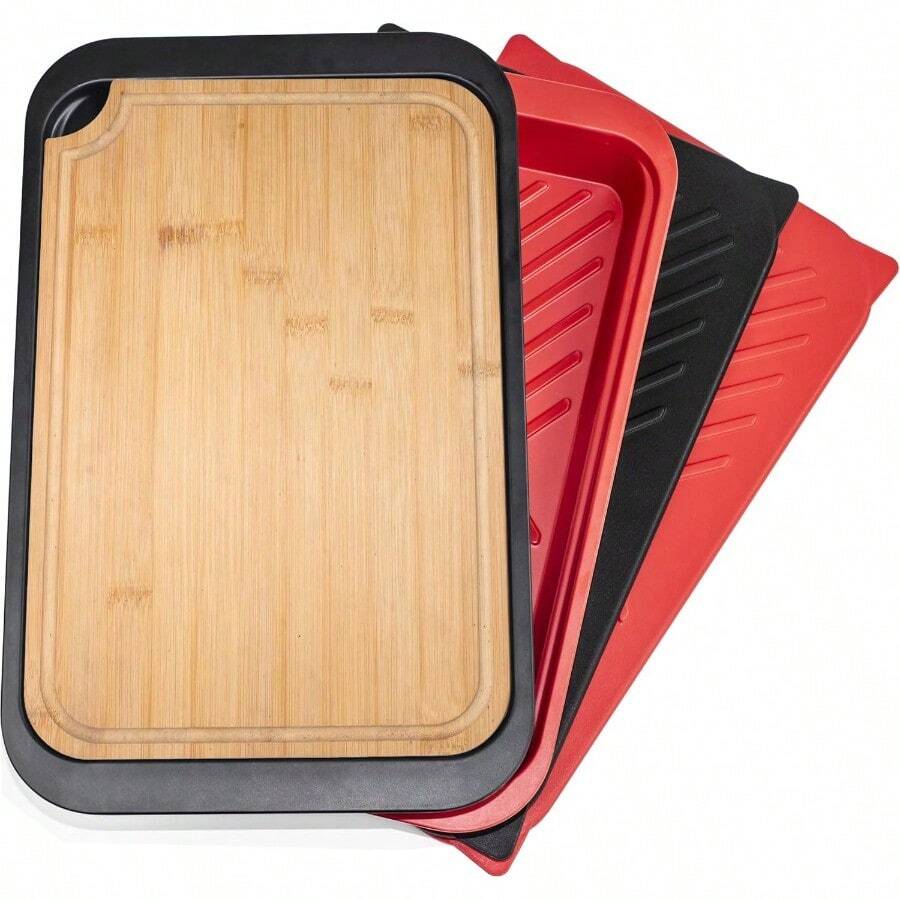 Bamboo Grilling Prep And Serve Trays With Lid, BBQ Tray For Marinating Raw And Cooked Food, Diswasher Nesting Trays Black In Red - Khay chuẩn bị bằng tre có nắp đậy - Xem 1