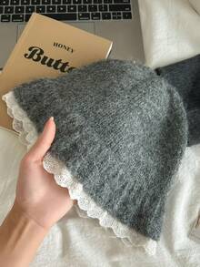 1pc European & American Style Lace Knitted Hat For Women, Small Face Flattering Knitted Beanie, Large Circumference Bucket Hat - Multicolor - View 4