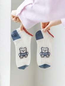 1/5双可爱小熊图案女士短袜，透气竹棉大网眼设计，可爱学院风，适合春秋季日常穿着 - 彩色 - 查看 4