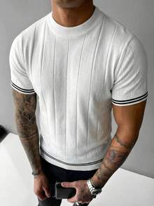 GRDR Men's Contrast Trim Crew Neck Short Sleeve Knit Sweater, Slim Fit Casual High-End Versatile Daily Wear, Designer Men Knit Sweater - White - View 2