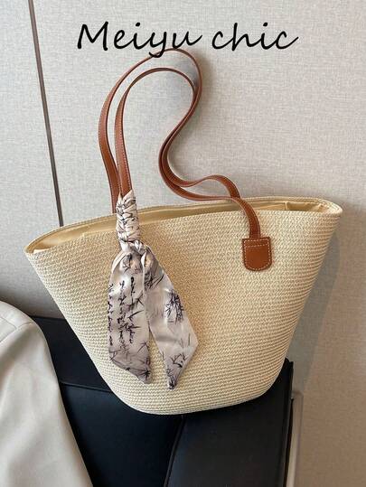 Bolso de paja tejida para mujer, bolso de hombro tejido, estilo bosque, estilo Ins, bolso casual de viaje de unicolor para chicas, con decoración de bufanda, con cremallera de hardware suave, asas dobles superiores para el hombro o la mano, espacio interior para lápiz labial, llaves, botella de agua, paraguas, cosméticos y otros artículos esenciales diarios. Adecuado para chicas para ir al trabajo, salir, ir de compras, viajes de negocios, viajes y uso diario.