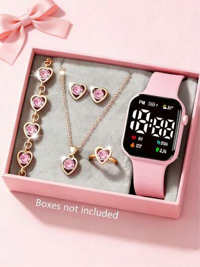 6/1pc Fashionable Elegant Cute And Classic Numeric Display Minimalist Pattern Electronic Watch, Suitable For Teenagers. Includes A Set Of Crystal Jewelry Including Bracelet, Necklace, Earrings And Ring, Designed For Students. Suitable For Daily Wear For Students, Such As Back To School, Parties Or Travel, Also Makes A Great Gift For Friends, Birthday, Graduation, Holiday, Thanksgiving, Or Gift For Mom, New Year 2026