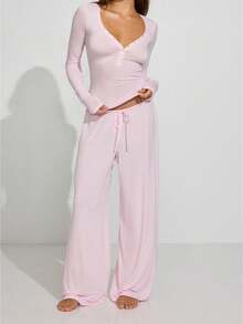 Women's Fall Pants Set Casual Solid Color Long Sleeve V Neck Slim Fit Tops With Wide Leg Pants 2 Pcs Outfits - Hồng - Xem 1