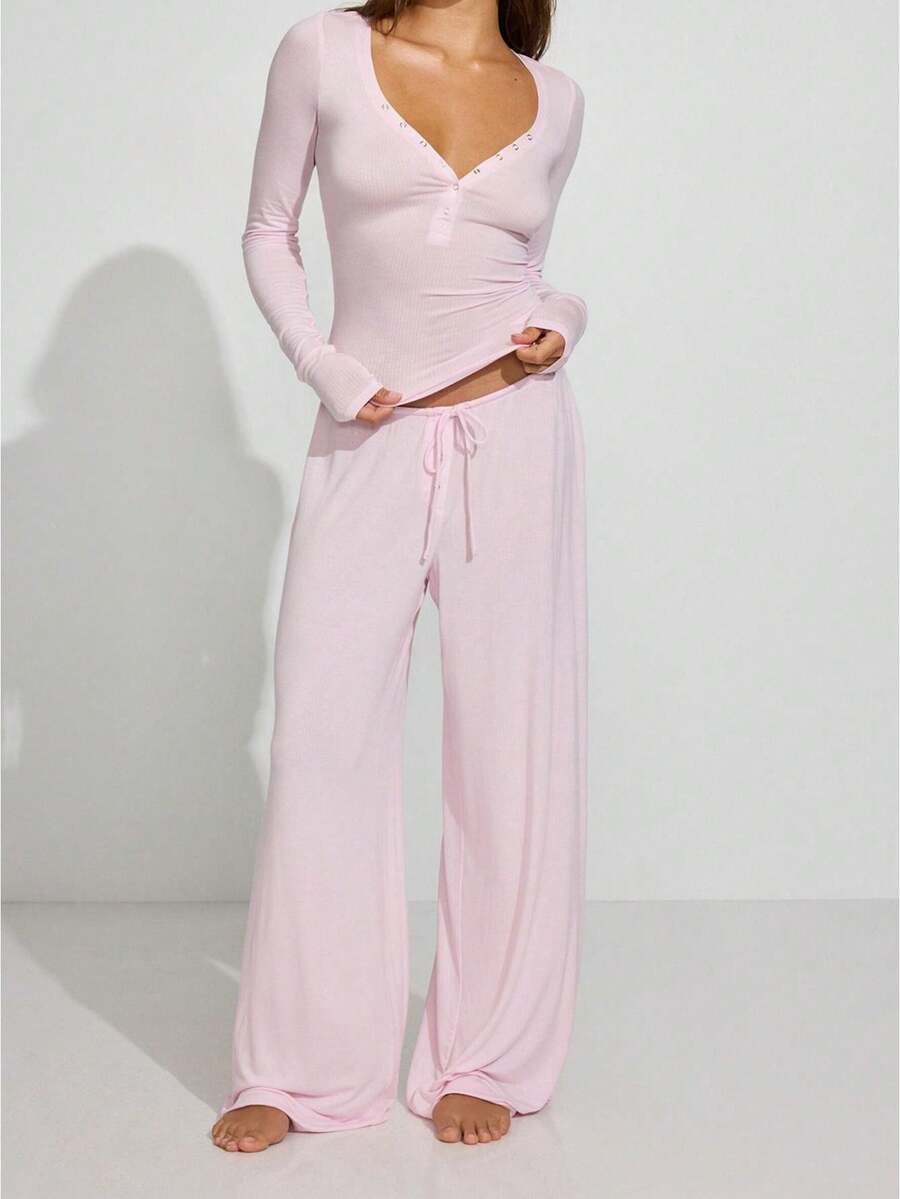 Women's Fall Pants Set Casual Solid Color Long Sleeve V Neck Slim Fit Tops With Wide Leg Pants 2 Pcs Outfits - Hồng - Xem 1