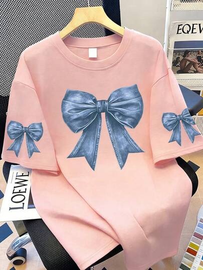 Camiseta de cuello redondo con estampado de lazo azul, talla grande, adecuada para vacaciones de verano, Día de San Valentín, Día de la Madre; informal