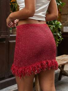 Women Y2k Fringe Knit Mini Skirts Boho Bodycon Low Waist Going Out Crochet Tassel Short Skirt - Đỏ - Xem 2