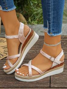 1 Pair Teenage Summer High Heel Sandals, Fashionable Satin Minimalist Strap Comfortable Buckle Casual Suitable For Daily Outing And Vacation, Summer Open Toe Platform Wedge Sandals - Baby Pink - View 6