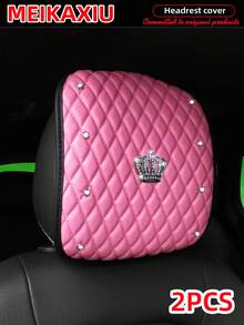 MEIKAXIU 1/2pcs Soft Leather Embroidered Rhinestone Bling Bling Crown Car Headrest Cover, Comfortable Car Decor Accessories - Soft Leather Crown Headrest Cushion - View 18