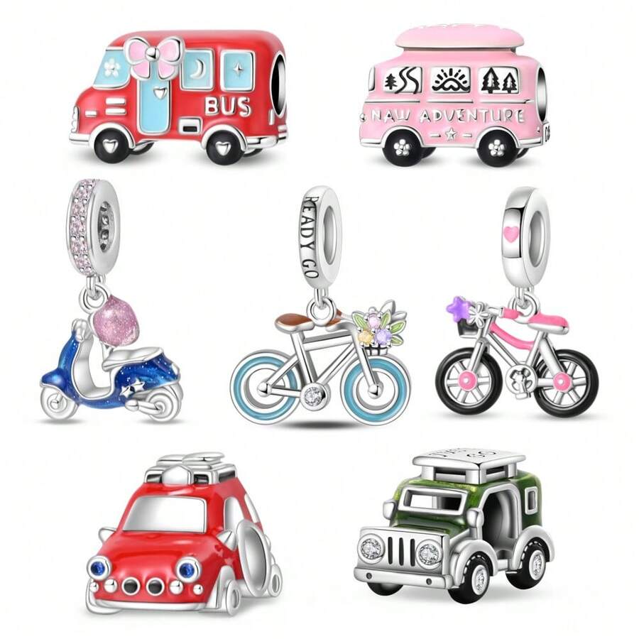 1 件镀银旅行系列饰品 - 红色巴士珠、新冒险珠、自由骑行吊坠、旋转自行车吊坠、浪漫电动自行车吊坠、红色旅行车珠、探险车珠，适用于原装蛇骨链手链、项链和串珠 DIY 首饰制作，奢华闺蜜礼物 - 彩色 - 查看 1