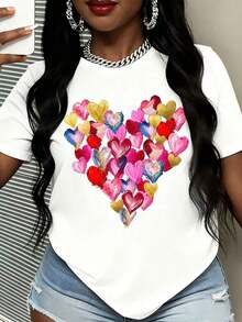 Women's Colorful Heart Print T-Shirt, Fashionable Valentine's Day Casual Top - trắng - Xem 2