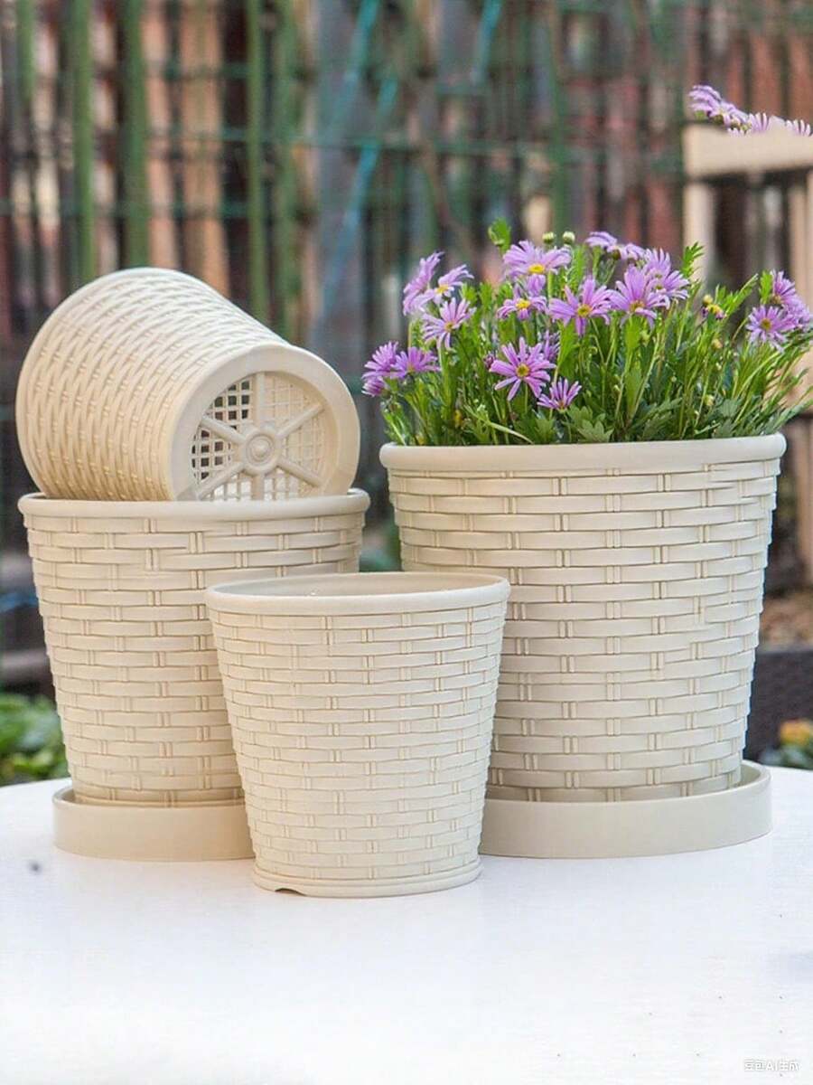 加厚竹纹花盆，北欧风格，适合室内外种植，塑料花盆底部排水设计，配有托盘——防止根腐病，适合常春藤、多肉植物和其他植物。 - 米色 - 查看 1