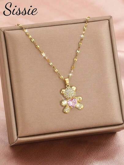 1 Pc Girls Exquisite Cute Pink Heart Cubic Zirconia Bear Pendant Necklace For Kids For Party Banquet For Daily Wearing Gold Jewelry Accessory Gift