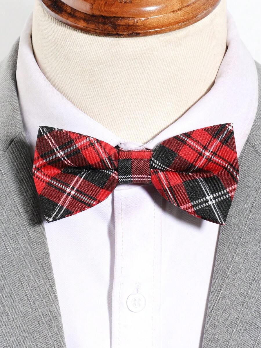 1pc Men's Casual Fashion Plaid Striped Double-Layer Bow Tie, Suitable For Weddings, Ceremonies, Hosting, Stage, Business, School Outfits - Red - View 1