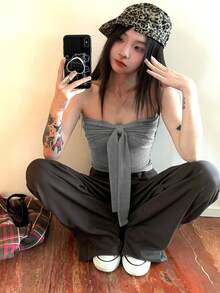 Bow Tie Camisole Crop Top, Sexy Slim Fit Design, Summer - Grey - View 2
