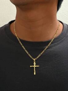 1件男士经典十字架吊坠项链，镶嵌耶稣像，百搭时尚宗教元素项链，简约基督教饰品，适合时尚年轻男士和宗教仪式佩戴。 - 金黃色 - 查看 5