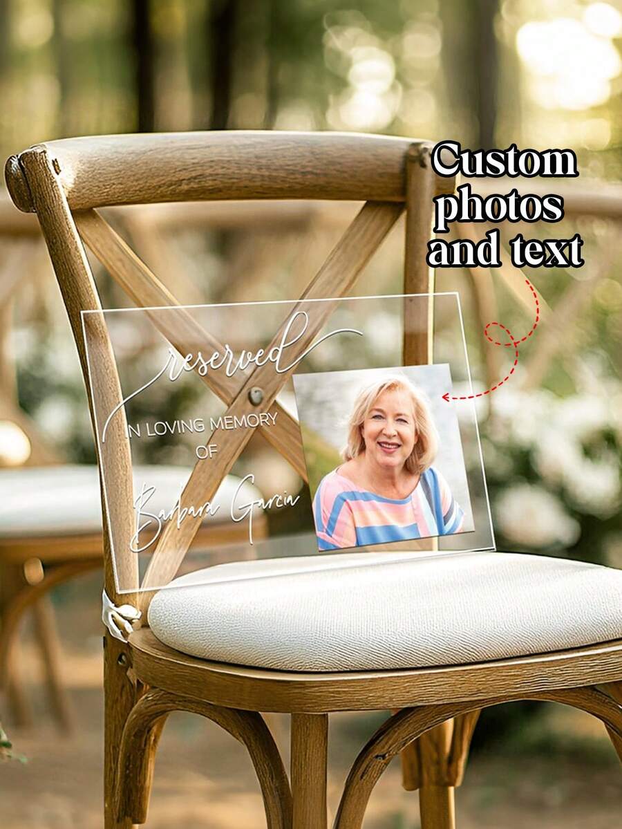 Personalized Custom Reserved Wedding Memorial Chair Sign​ –Acrylic Sign With Custom Photo, Name (E.G., Mary Rodriguez, Rachel Anderson) And "IN LOVING MEMORY OF" Text. Ideal Condolence Gift For Families, Friends. Perfect For Weddings, Memorial Services, Anniversary Tributes. - Multicolor - View 1