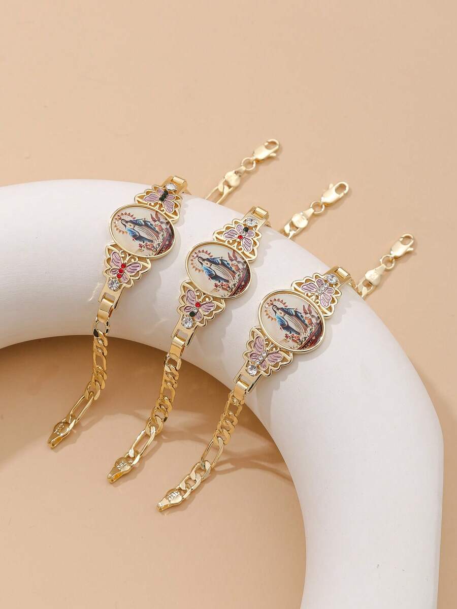 Vòng tay hình bướm Đức Mẹ Guadalupe mạ vàng, trang trí men và đá Cubic Zirconia, dây điều chỉnh được, phụ kiện phong cách tôn giáo, đồ trang sức đeo tay cho phụ nữ theo đạo Cơ đốc, quà tặng trang phục cầu nguyện/nhà thờ, chất liệu đồng bền chắc. - Trong sáng - Xem 1