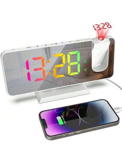 デジタルLED時計 目覚まし時計 デジタル投影クロック 多機能時計 温湿度計 ACアダプター付 FMラジオ・アラーム・投影・スヌーズ機能付き 携帯充電可 ミラーとしてもOK 置き時計 設置簡単 LED大画面 輝度調節 USB給電