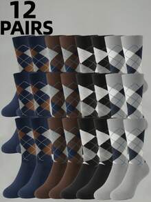 12/8/4/2/1 Pairs Men's Socks, Classic Diamond Plaid British Style Elongated Men's Mid-Calf Socks, Business Gentleman Socks - Multicolor - View 8