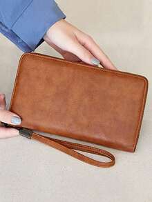 New Oiled Leather Long Zipper Large Capacity Clutch Bag, Casual & Fashionable - Brown - View 4