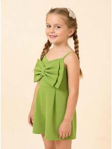 Young Girls Casual Bowknot Decorated Strap Romper - Green - View 9