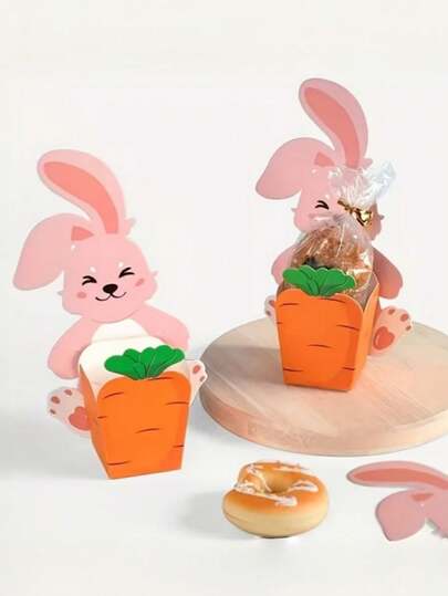 10个3D兔子胡萝卜造型纸质礼盒 - 创意复活节糖果盒、派对装饰DIY、可爱派对小礼物和迷你礼盒